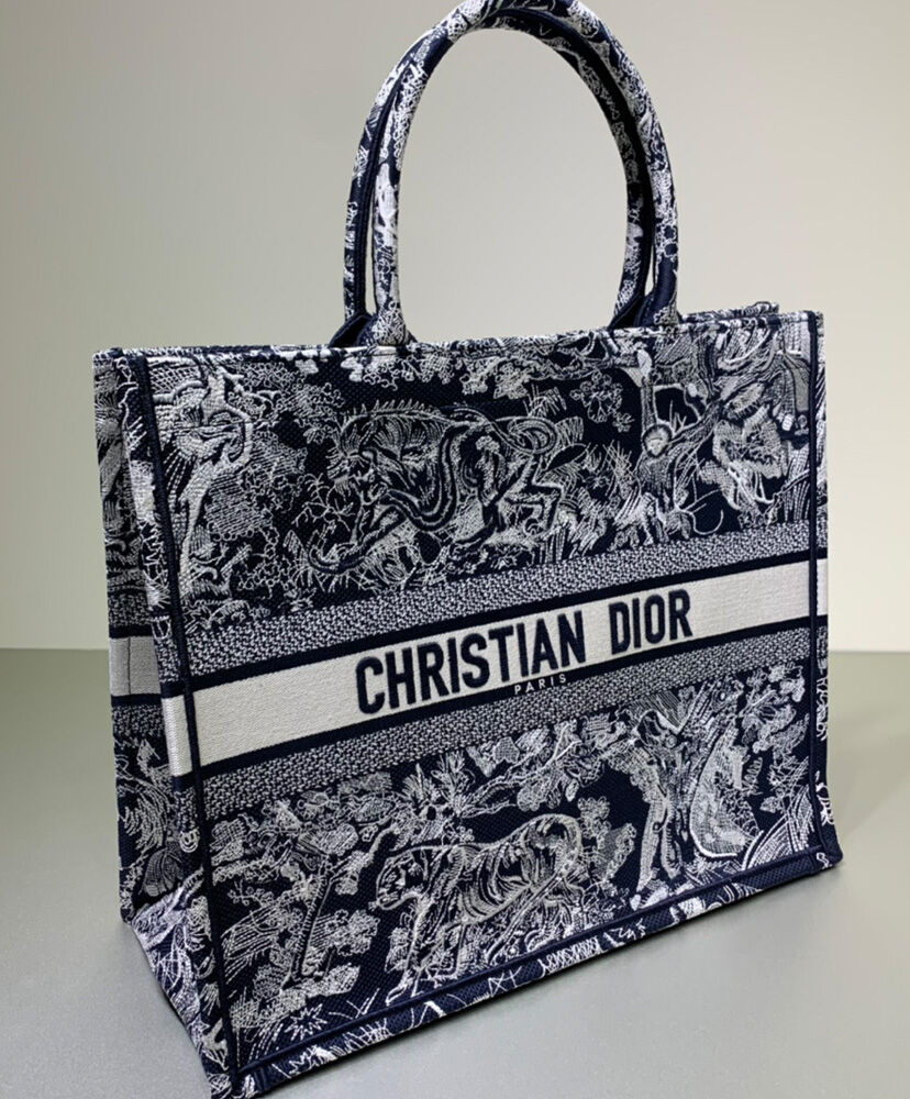 Christian Dior Book Tote With Dior Oblique Embroidery Dark Blue